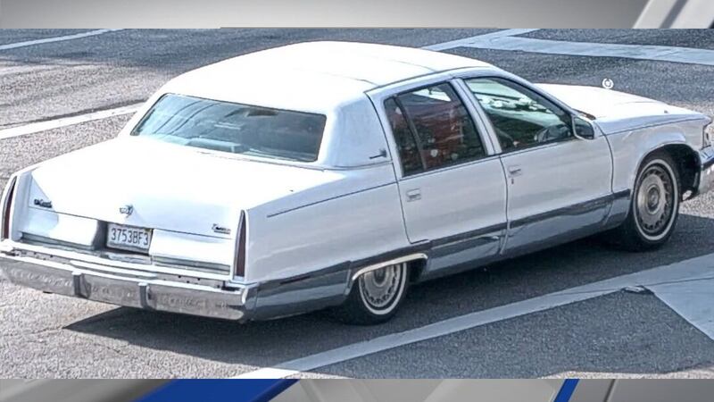 The vehicle being sought is described as a 1996 white Cadillac Fleetwood, license plate 3753BF3.