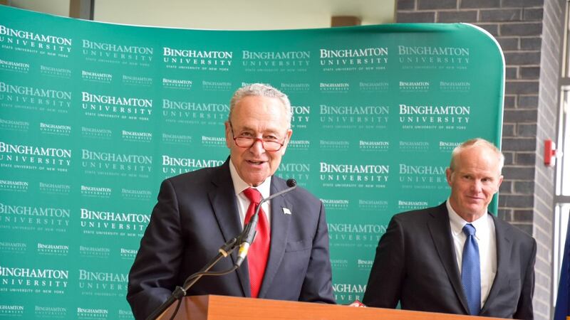 Senate Majority Leader Chuck Schumer (left) with Binghamton University President Harvey...