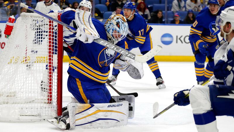 Buffalo Sabres goaltender Ukko-Pekka Luukkonen (1) blocks a shot during the second period of...