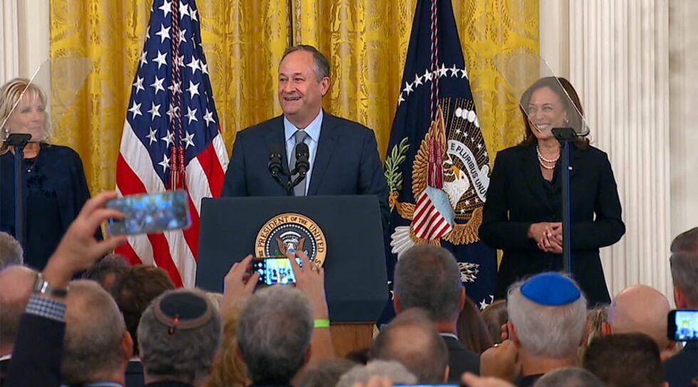 First lady Jill Biden, second gentleman Doug Emhoff and Vice President Kamala Harris are seen...