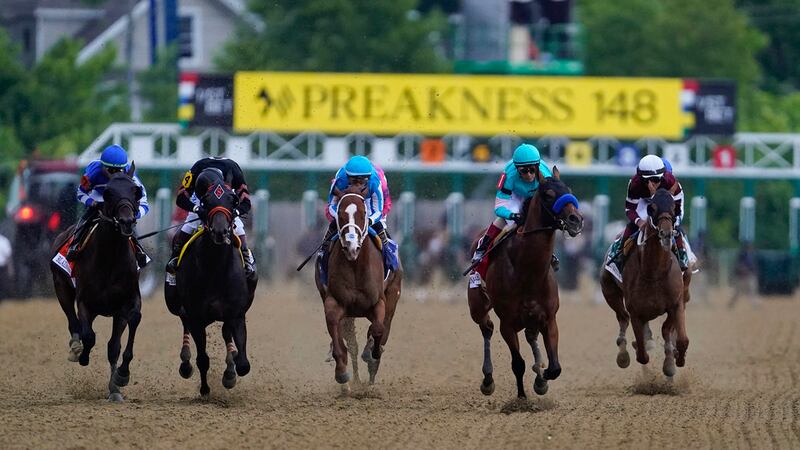 Horses compete during the148th running of the Preakness Stakes horse race at Pimlico Race...
