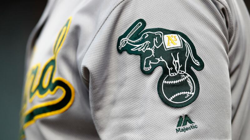 An Oakland Athletics logo is seen on Khris Davis' uniform sleeve before a baseball game...